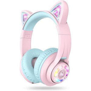 Cat Ear Kids Bluetooth Headphones,LED Lights Up,74/85/94dB Volume Limited